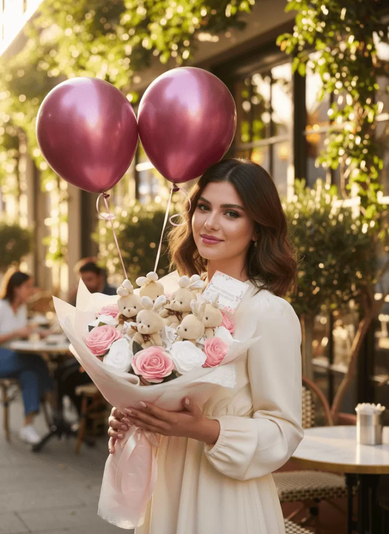 Balonlu Pembe Ayıcık Buketi