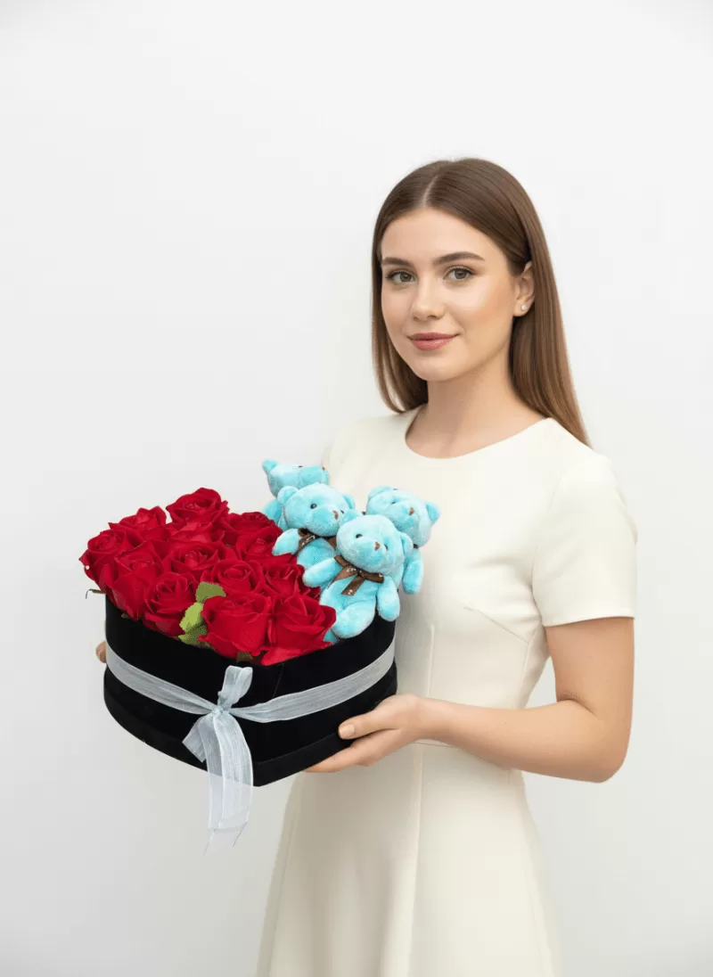 Mavi Ayıcık + Gül Kalp Kutu