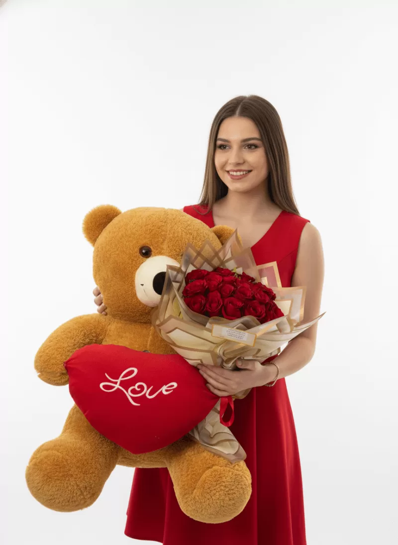 Peluş Ayı + Kırmızı Gül Buket