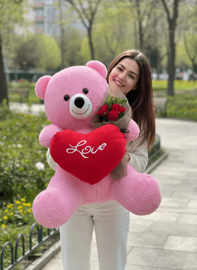 Pembe Ayı & Kırmızı Gül Buketi