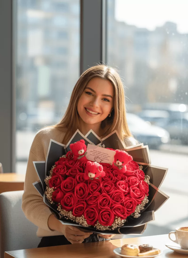 Peluş Ayıcıklı Kırmızı Gül Buketi