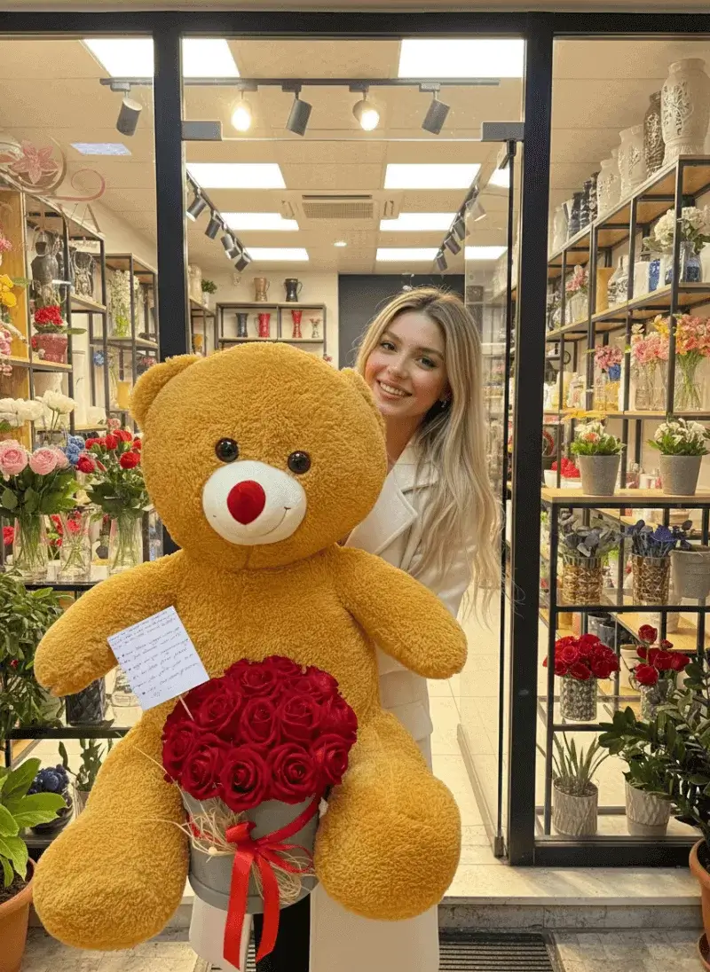 Dev Sarı Ayı + Kırmızı Gül Kutu