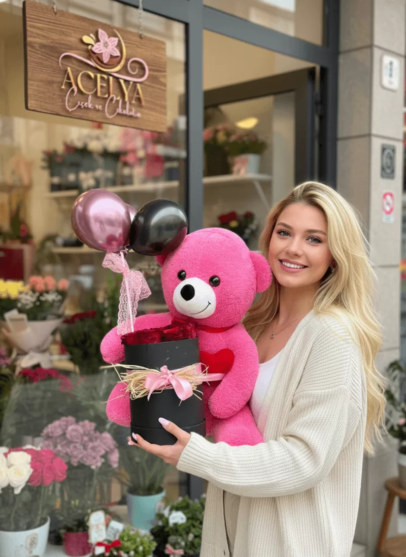 Pembe Ayıcık + Güllü Kutu Aranjman