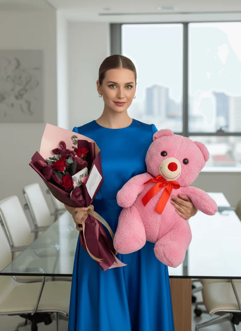Pembe Ayıcık + Gül Buketi Kombin