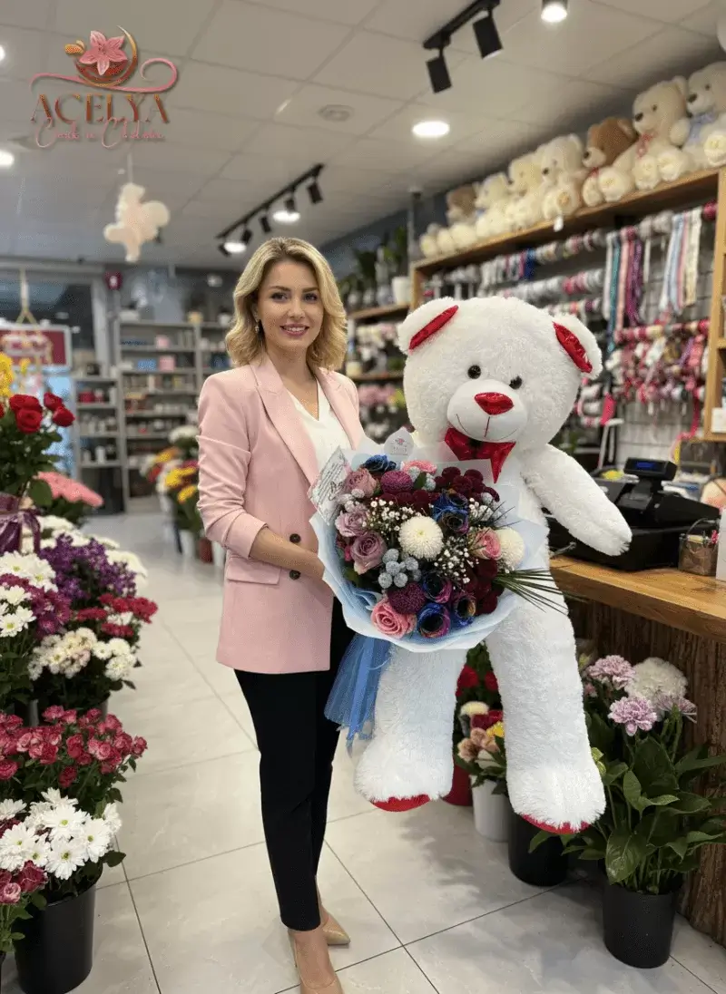 Beyaz Ayıcık + Renkli Çiçek Buketi Kombin