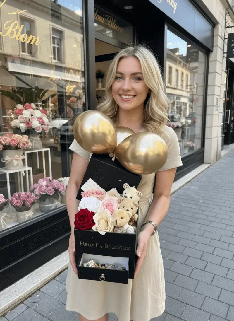 Altın Balonlu Çiçek & Ayıcık Kutusu