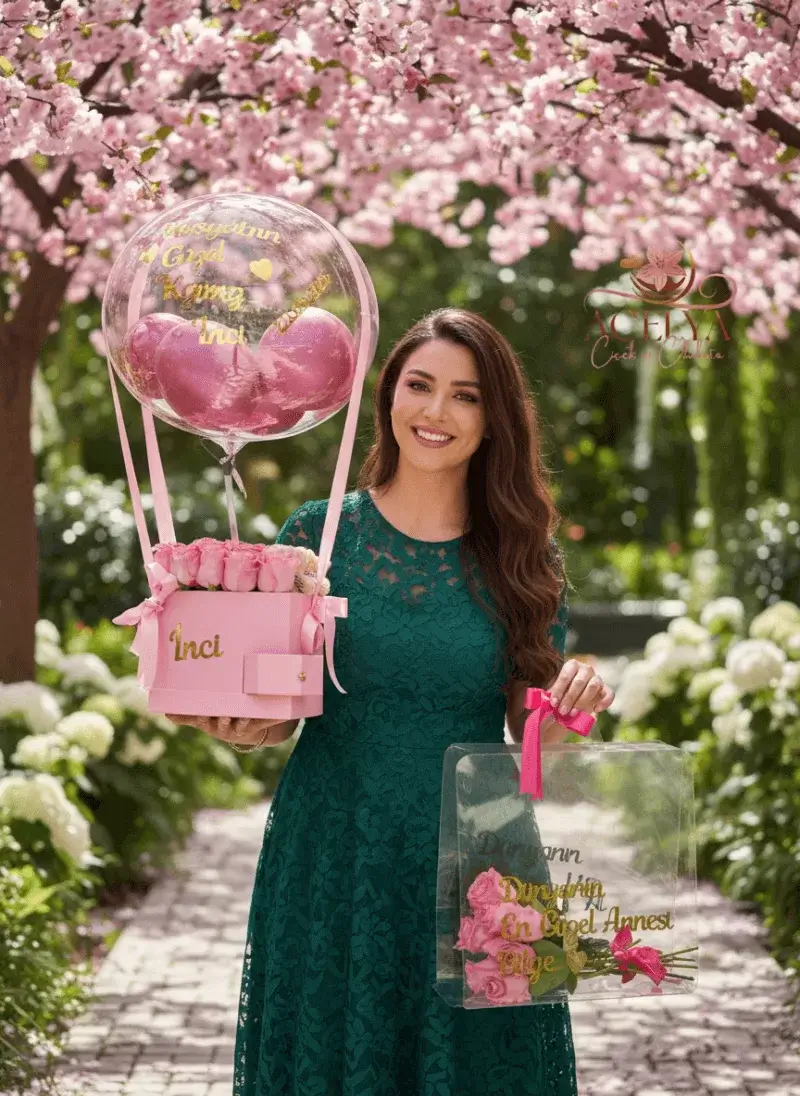 Pembe Balonlu İsimli Çiçek Kutusu