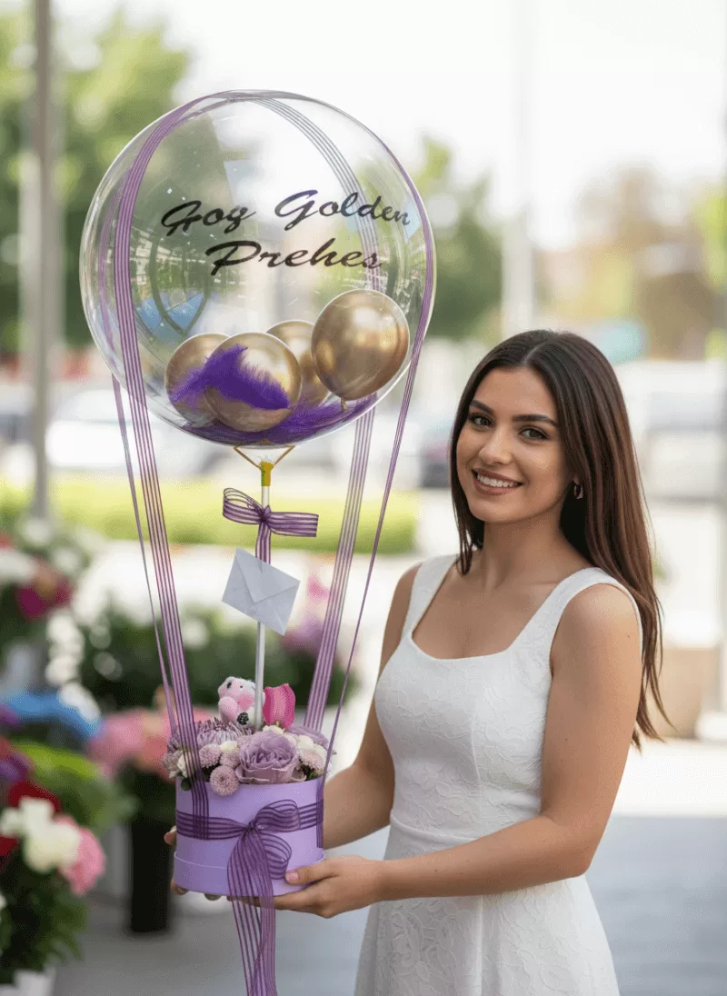 Şeffaf balonlu çiçek aranjmanı.