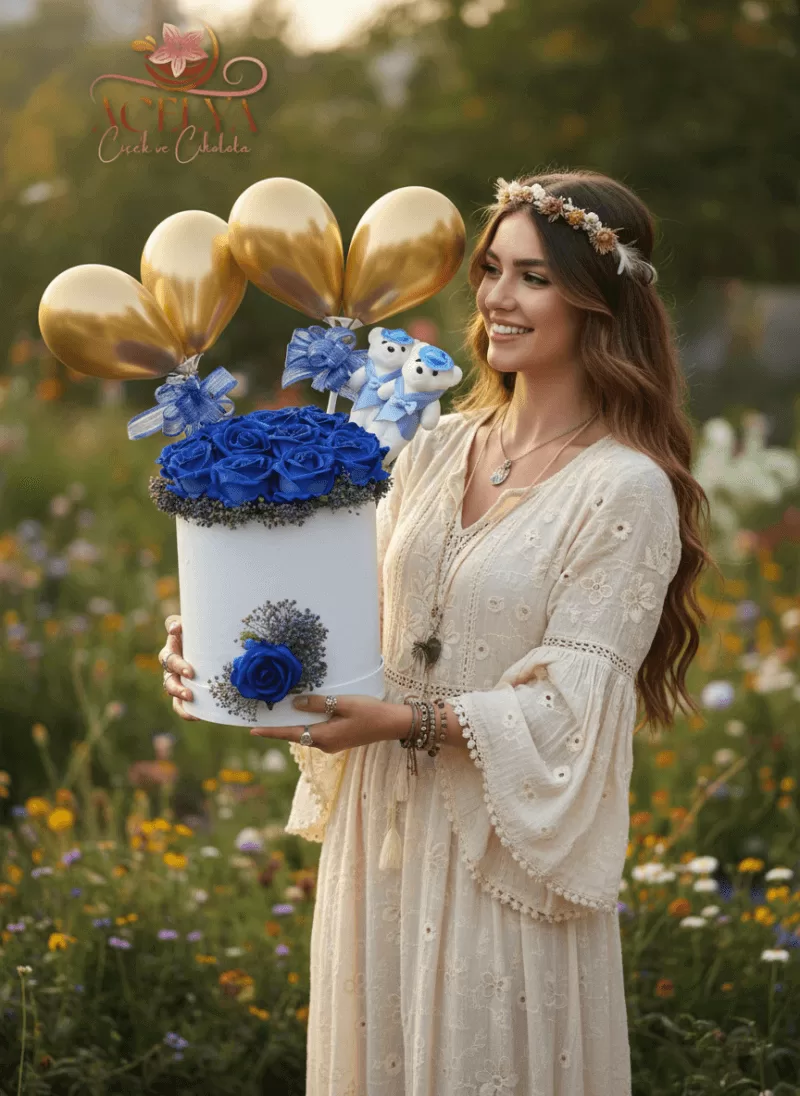 Gold Mavi Balonlu Kutulu Gül Aranjmanı