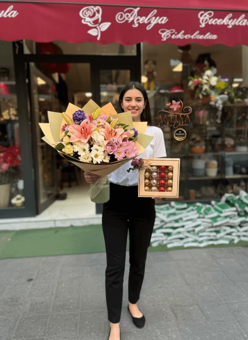 Lilyum & Karışık Çiçek Buketi + Çikolata Seti