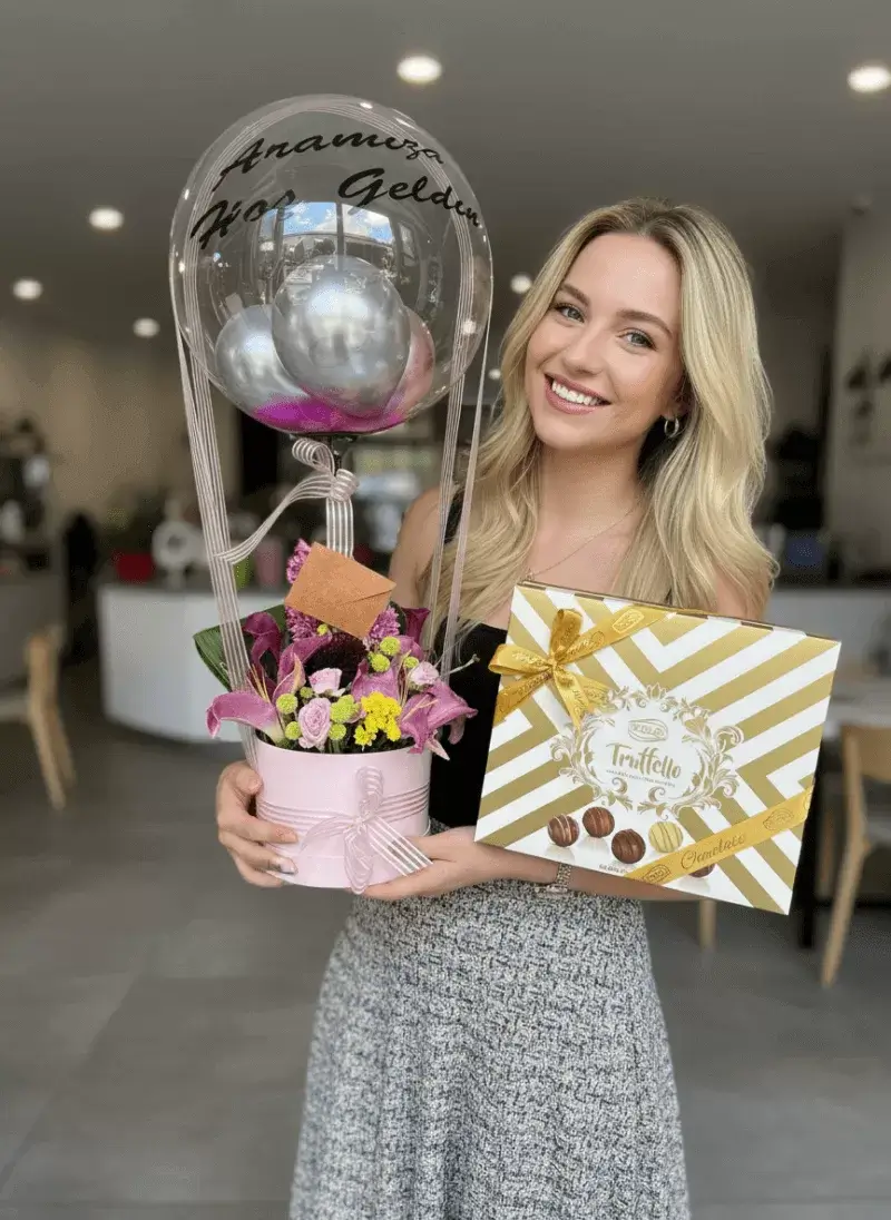 Hoş Geldin Balonlu Pembe Kutulu Aranjman + Çikolata