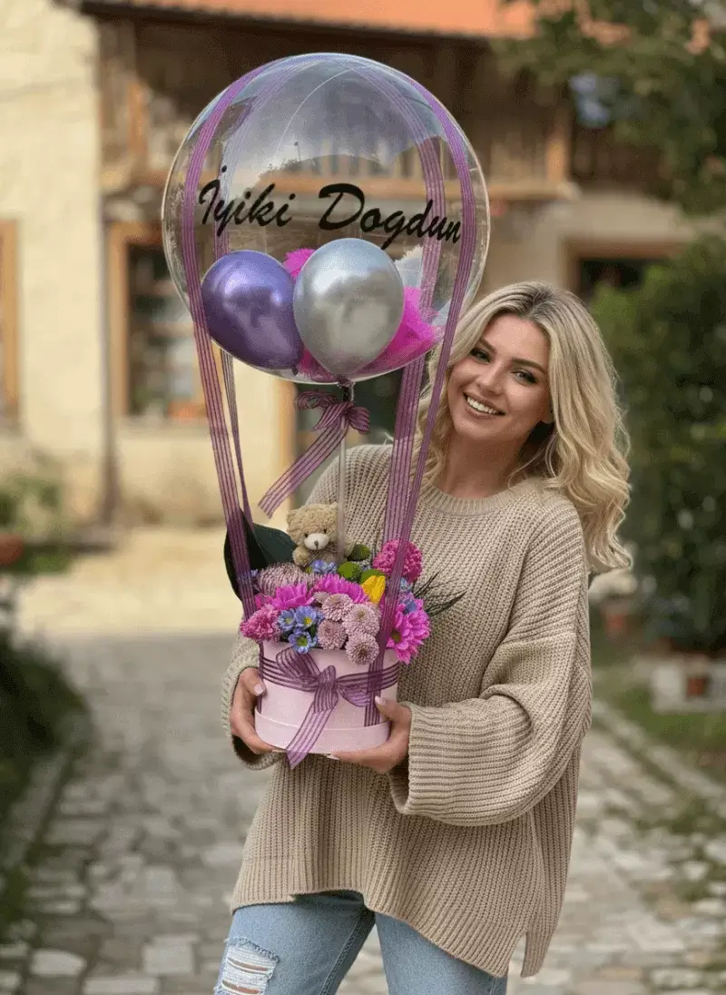 İyi Ki Doğdun Balonlu Çiçek Kutusu