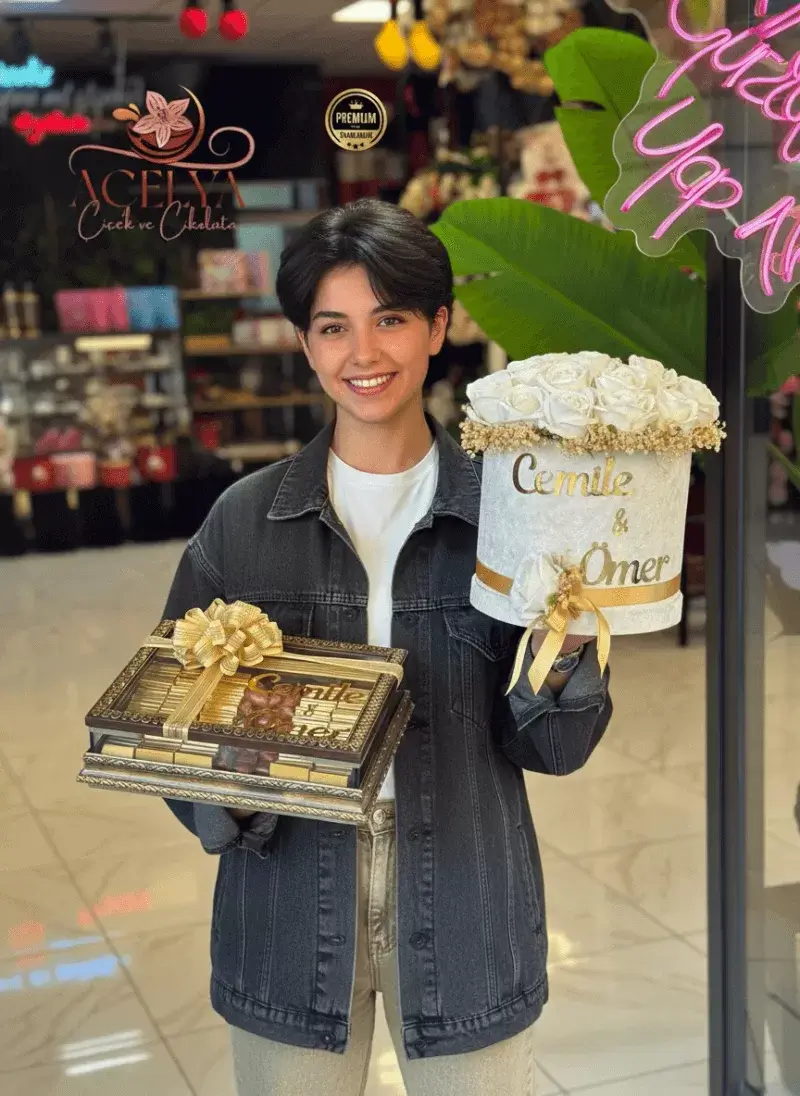 Gelin Kutusu Çikolata & Beyaz Gül Seti