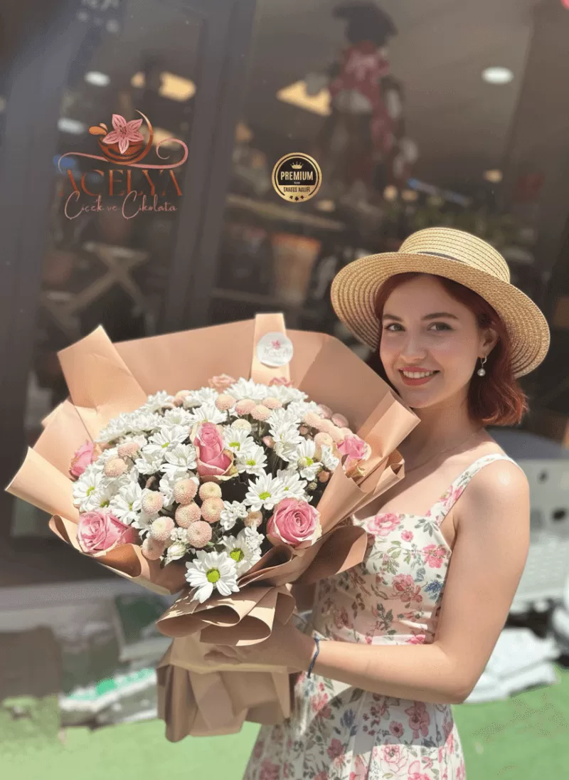 Pembe Gül & Beyaz Kır Çiçeği Buketi