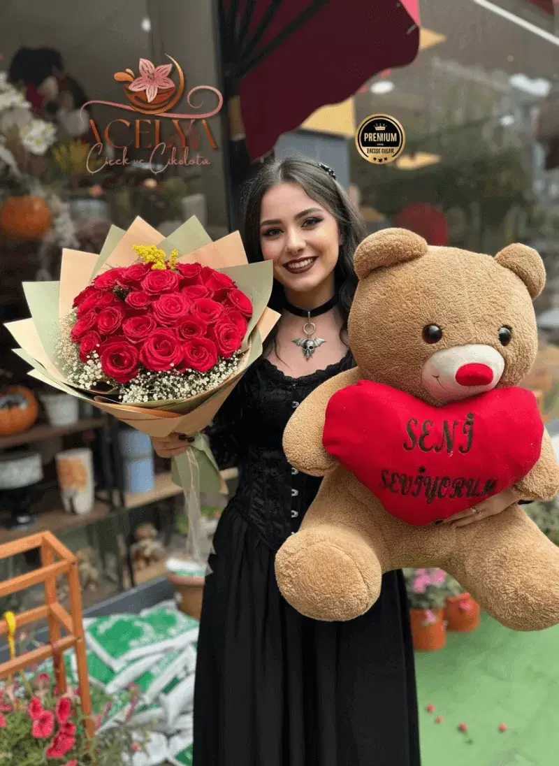 Seni Seviyorum Ayıcık & Kırmızı Gül Buketi