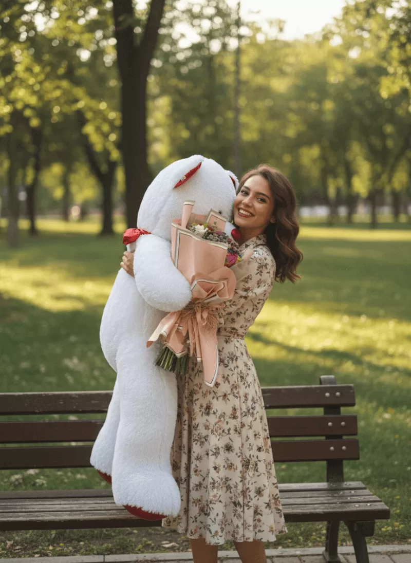 Büyük Beyaz Ayıcık Sarılması & Pastel Buket