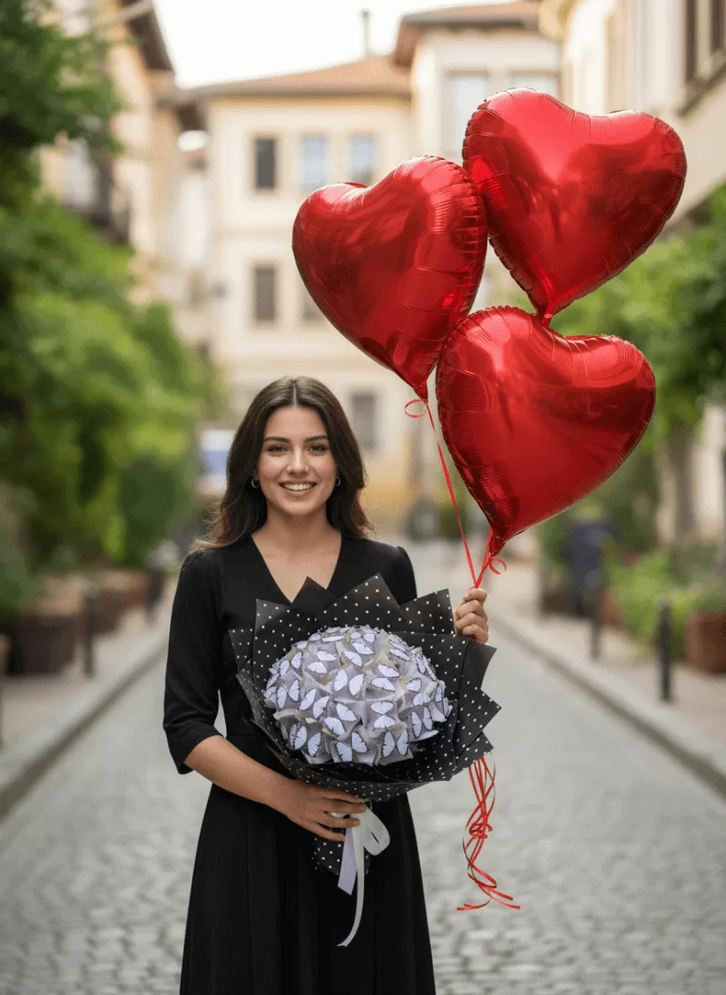 Kalpli Balonlu Siyah Buket (Aşk Serisi)