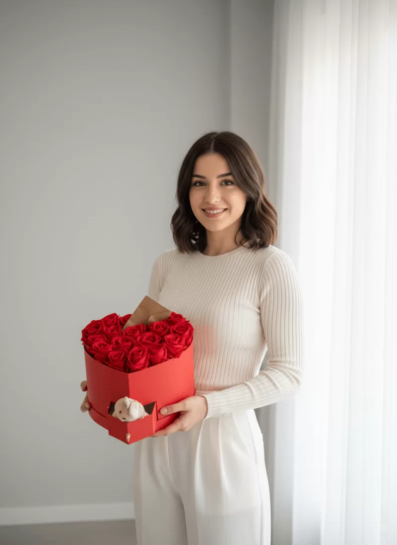 Kalpli Kırmızı Gül Kutusu (Ayıcıklı)