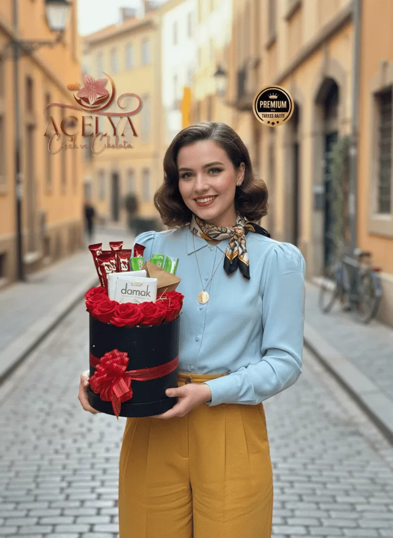 Damla Çikolatalı Kırmızı Gül Silindir Kutu