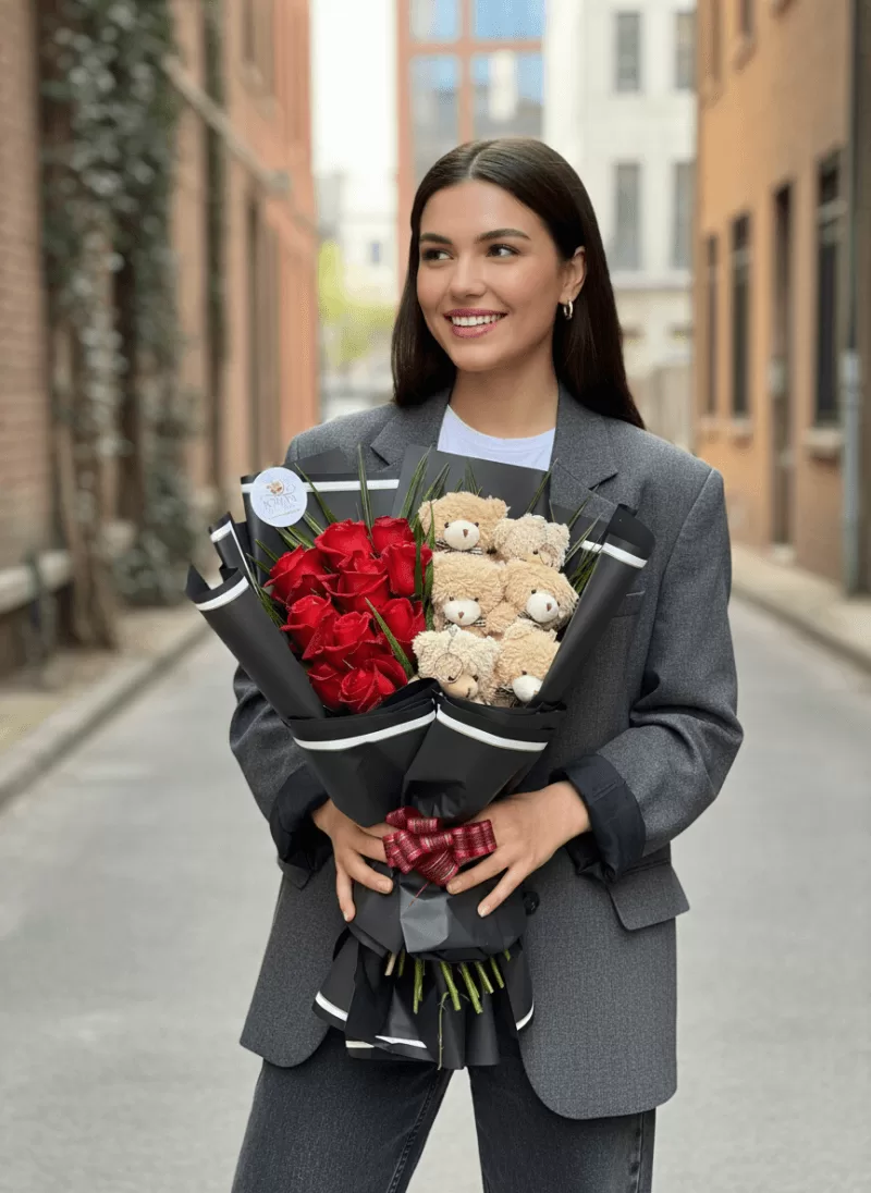 Ayıcık Aşkı – Kırmızı Gül & Peluş Buket