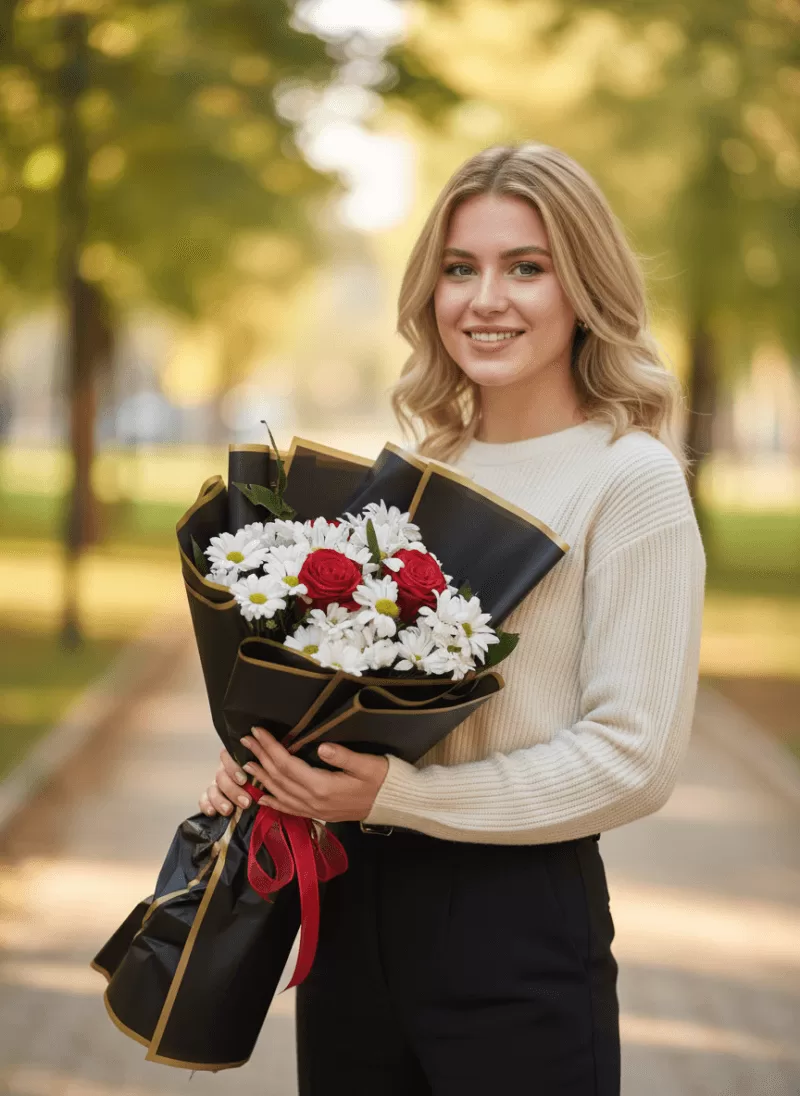 Papatya & Kırmızı Gül Siyah Şık Buket