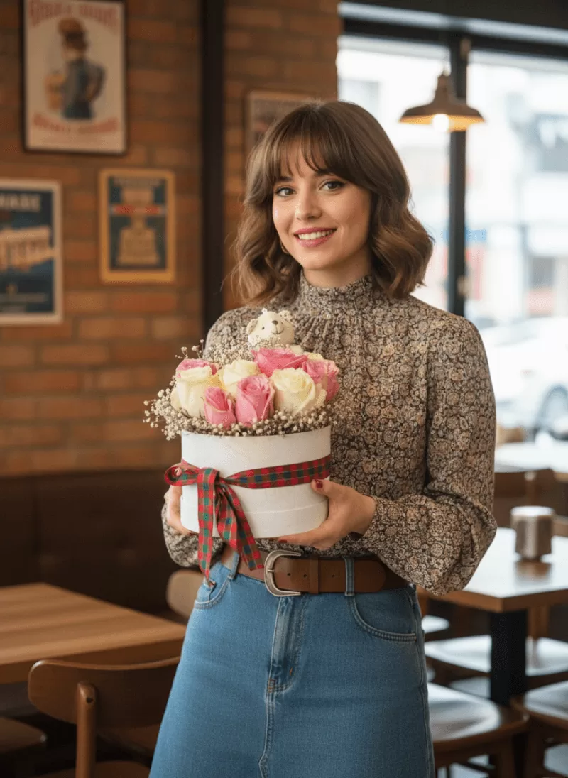 Ayıcık Detaylı Mini Silindir Gül Kutusu