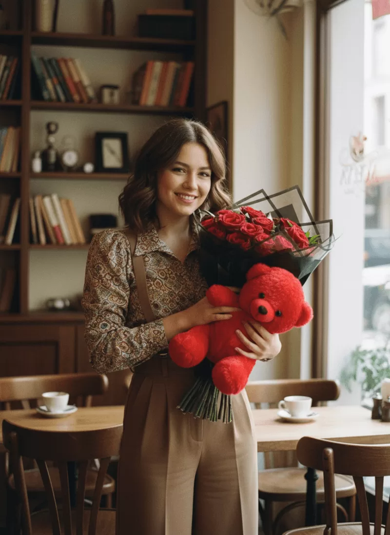 Kırmızı Güllü Ayıcık Buketi