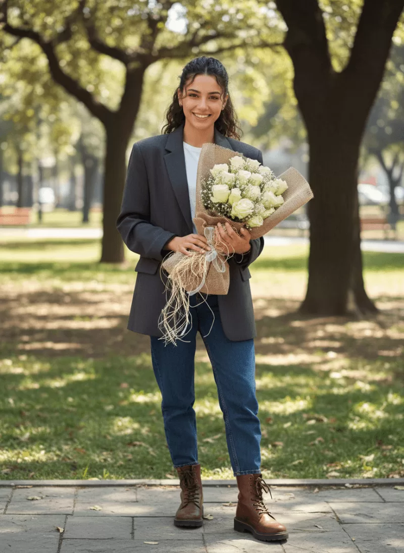 Beyaz Güllerle Doğal Jüt Buket