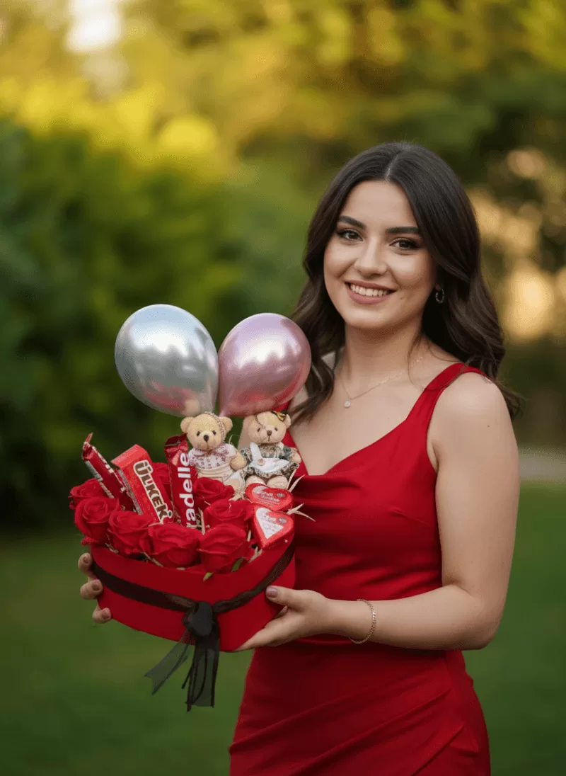 İkili Ayıcıklı Balonlu Kırmızı Gül Kutusu