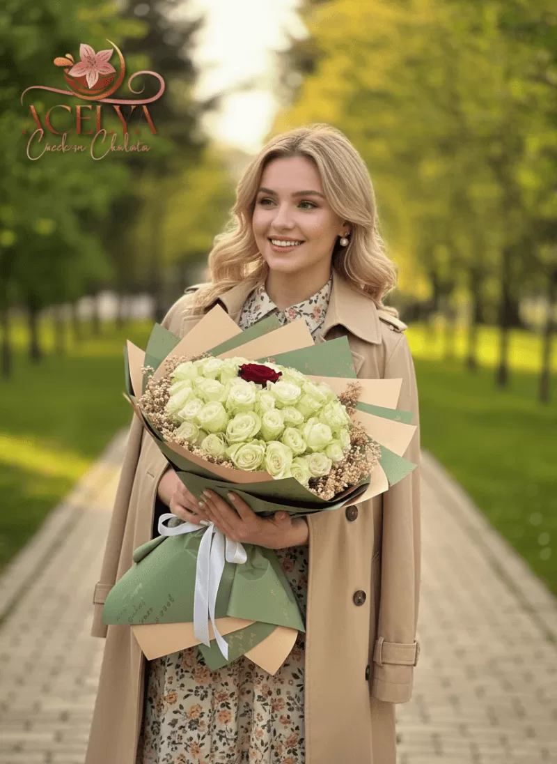 Tek Kırmızı Güllü Beyaz Gül Buketi