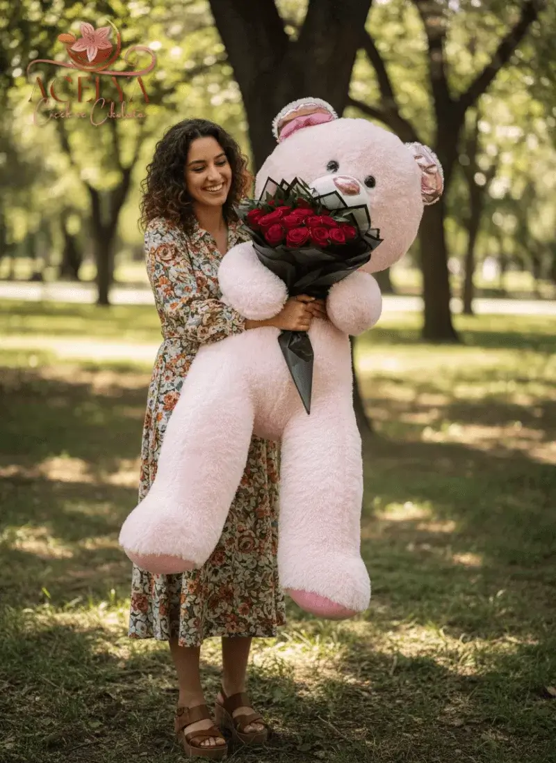 Dev Pembe Ayıcık & Siyah Gül Buketi Kombini