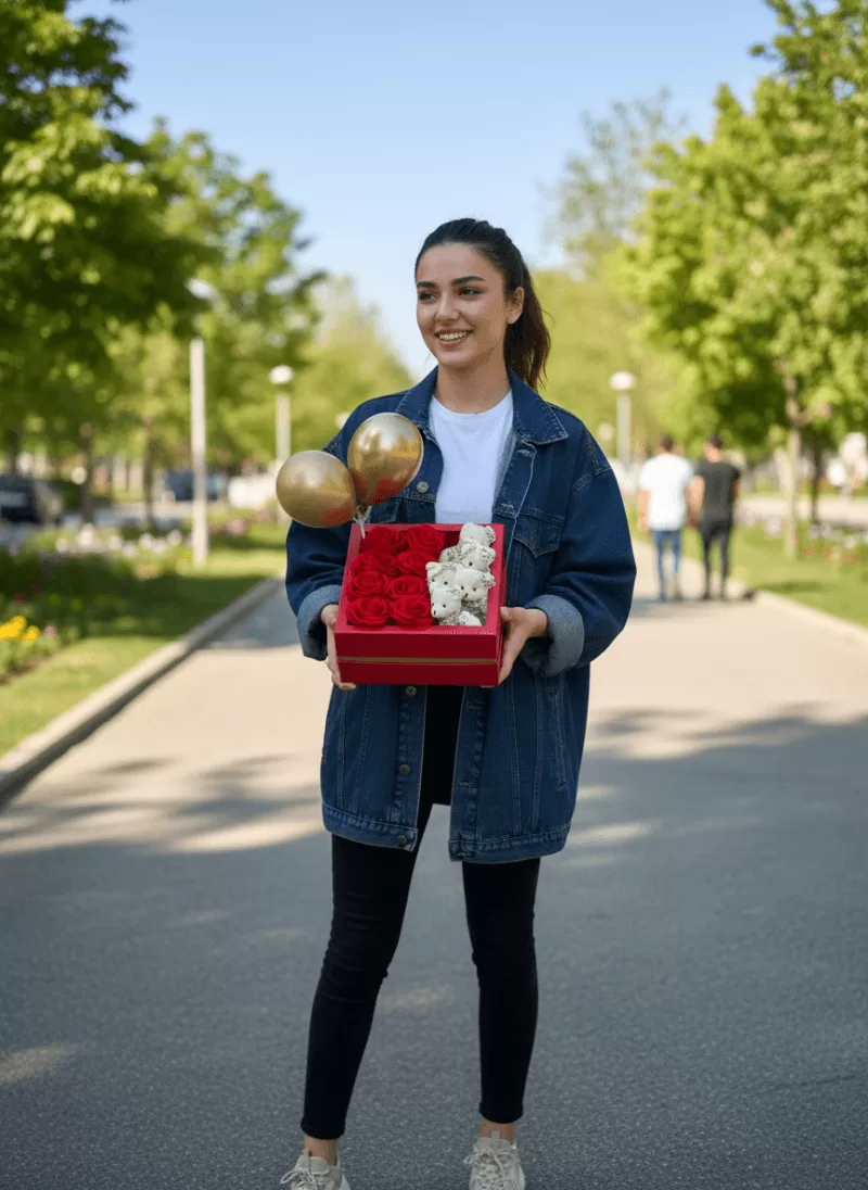 Altın Balonlu Kırmızı Gül Kutusu