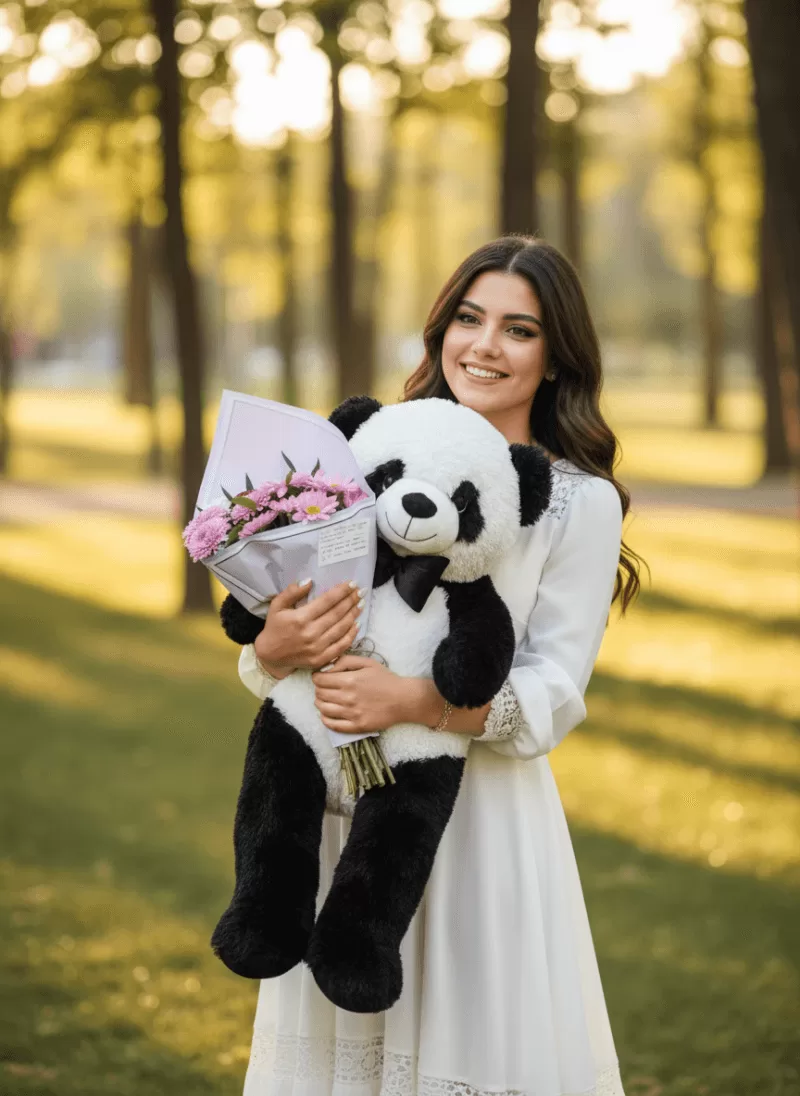 Panda Ayıcık & Pembe Çiçek Buketi