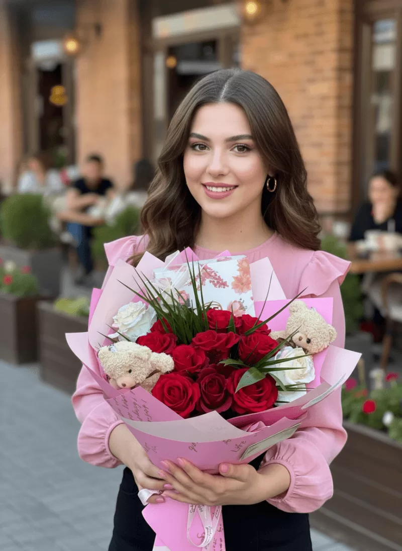 Ayıcıklı Pembe Aşk Gül Buketi
