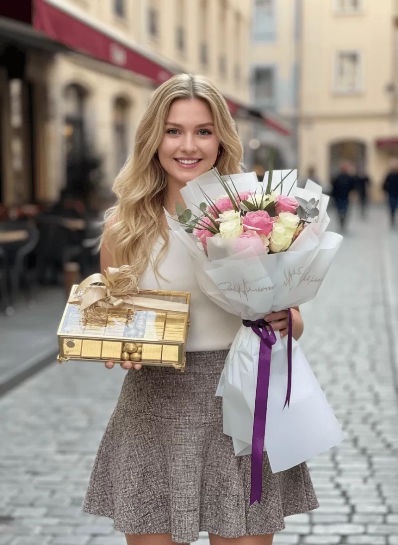 Altın Dokunuş – Çikolata ve Pastel Gül Buketi