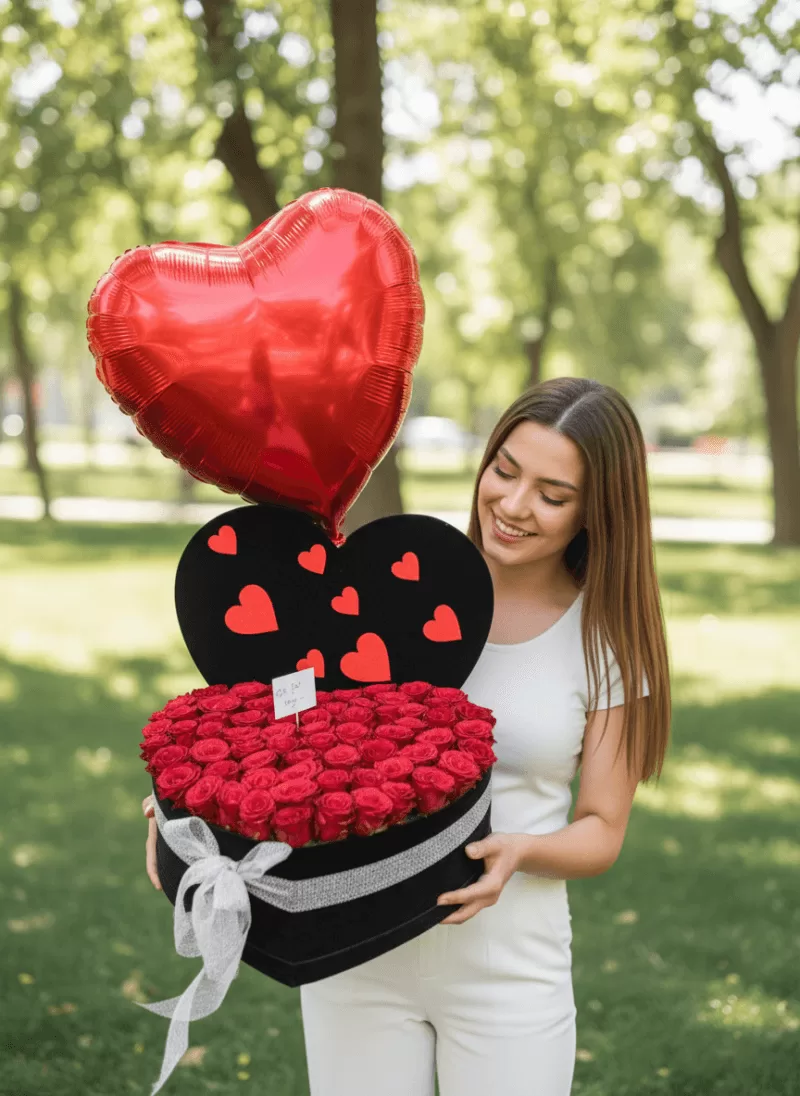 Kalpten Sevgi – Balonlu Kalp Kutu Kırmızı Güller