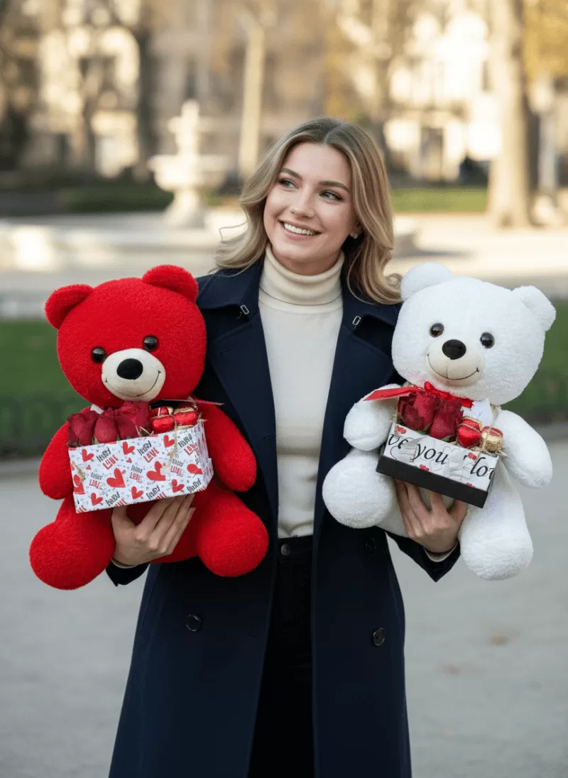 Kırmızı & Beyaz Ayıcıklı Gül Kutuları