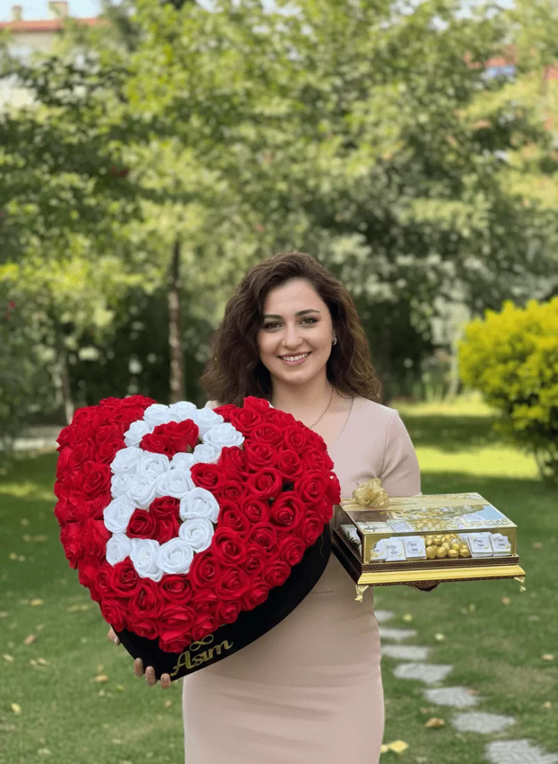 Kalpten Aşk – İsimli Kalp Kutu Gül & Çikolata Seti