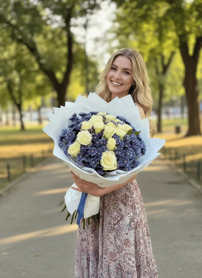 Lavanta Esintisi – Krem Gül & Mor Çiçek Buketi