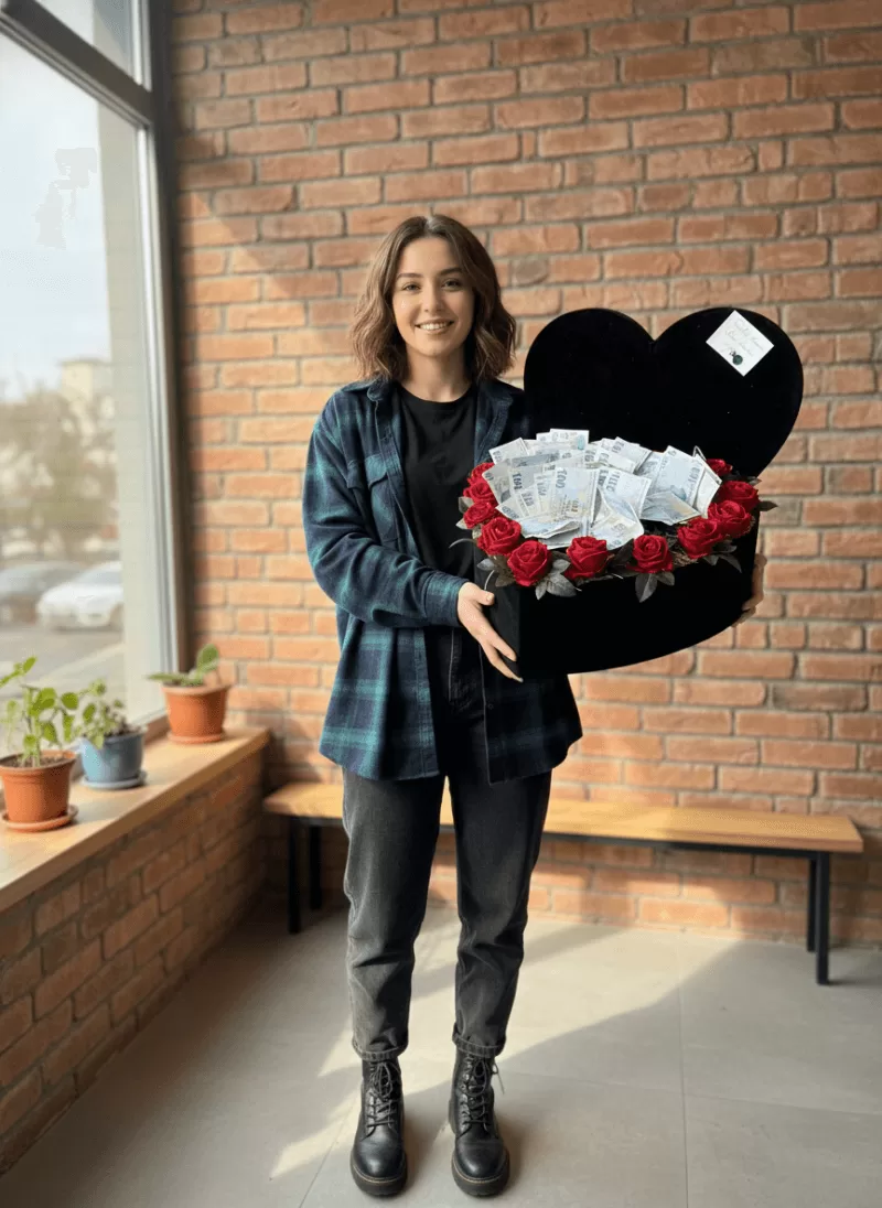 Kraliçe Kalp – Para Dolu Siyah Kalp Kutu Gül Aranjmanı