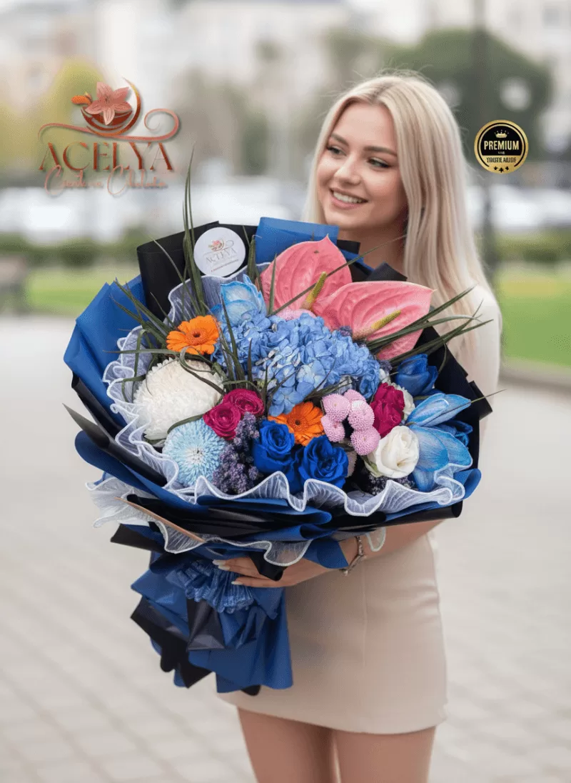 Okyanus Esintisi – Mavi & Somon Premium Buket