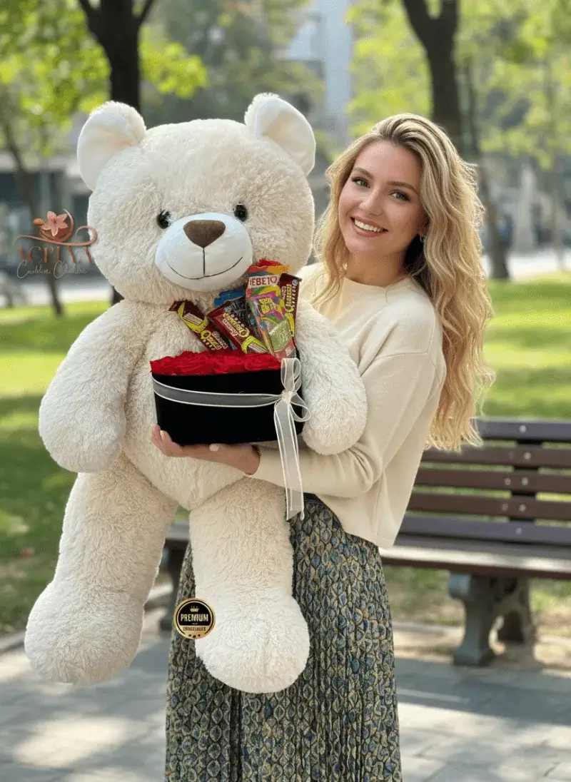 Saf Sevgi – Dev Beyaz Ayıcık & Gül Kutusu (Premium)