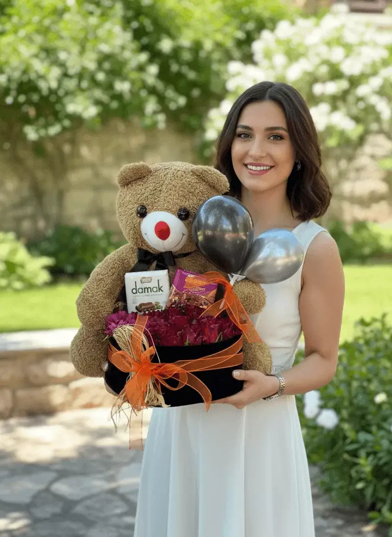 Asil Sürpriz – Ayıcıklı Siyah Kutu Gül & Balon Seti