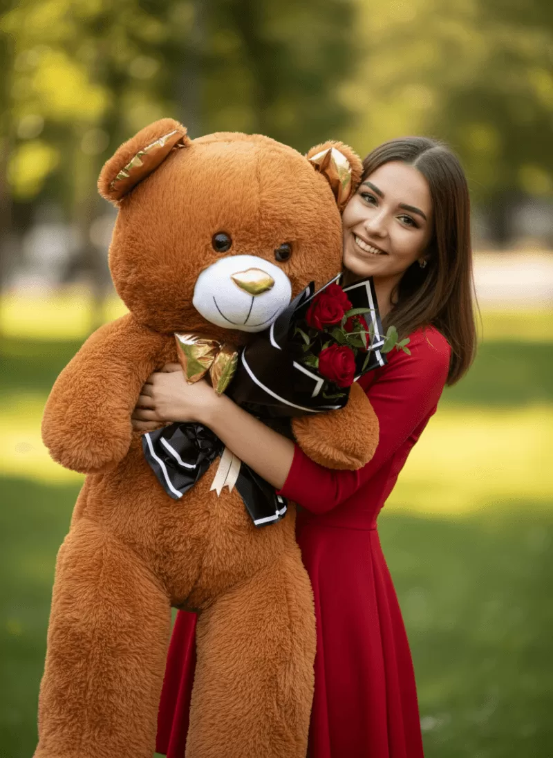 Altın Kalpli Aşk – Dev Kahverengi Ayıcık & Kırmızı Gül Buketi