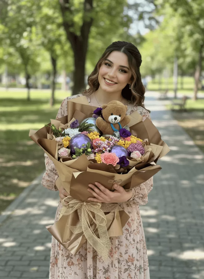 Ayıcıklı Mor Işıltı Bahar Buketi