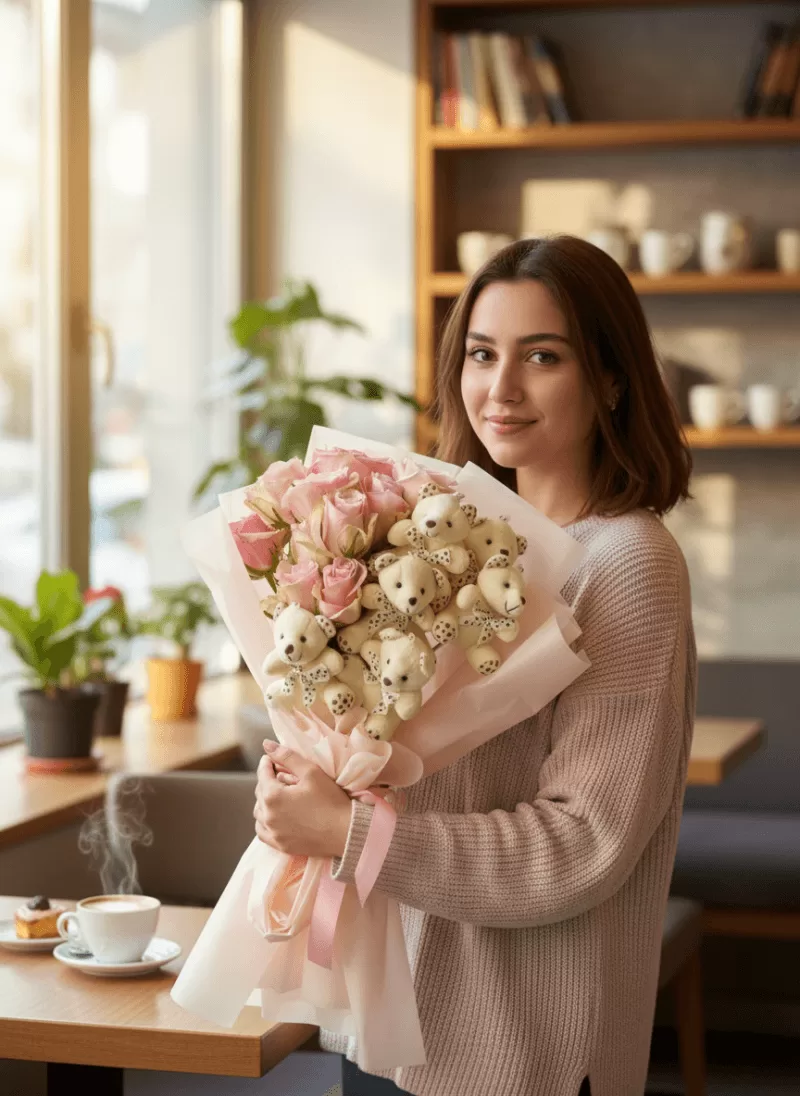 Mini Ayıcıklı Pembe Gül Buketi