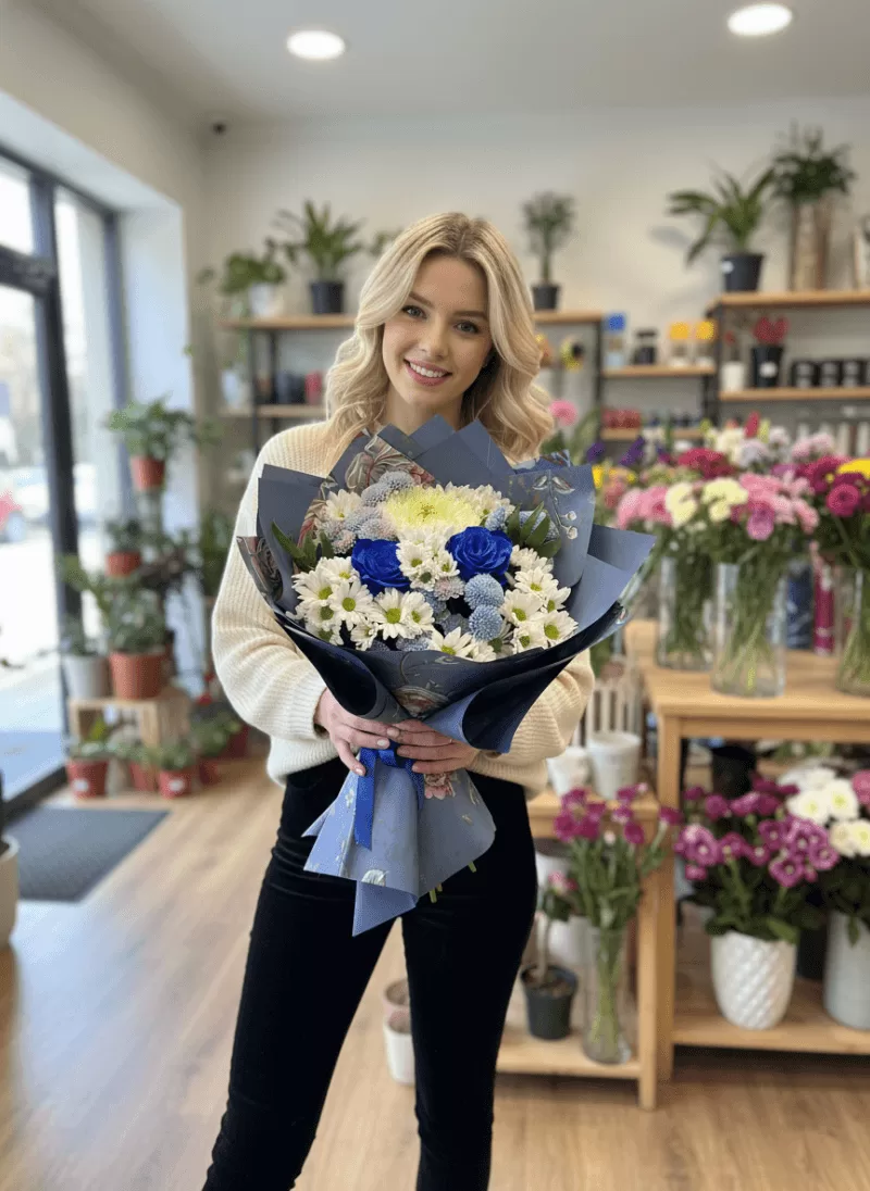 Zarif Mavi – Beyaz Papatya & Gül Buketi