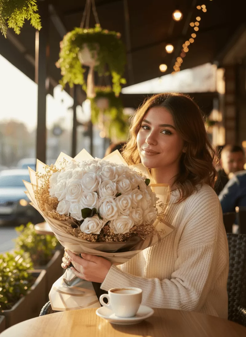 Altın Işık – Beyaz Gül Buketi (Premium)