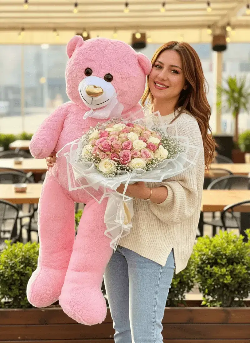 Aşk Ayısı & Pembe-Beyaz Gül Kombini