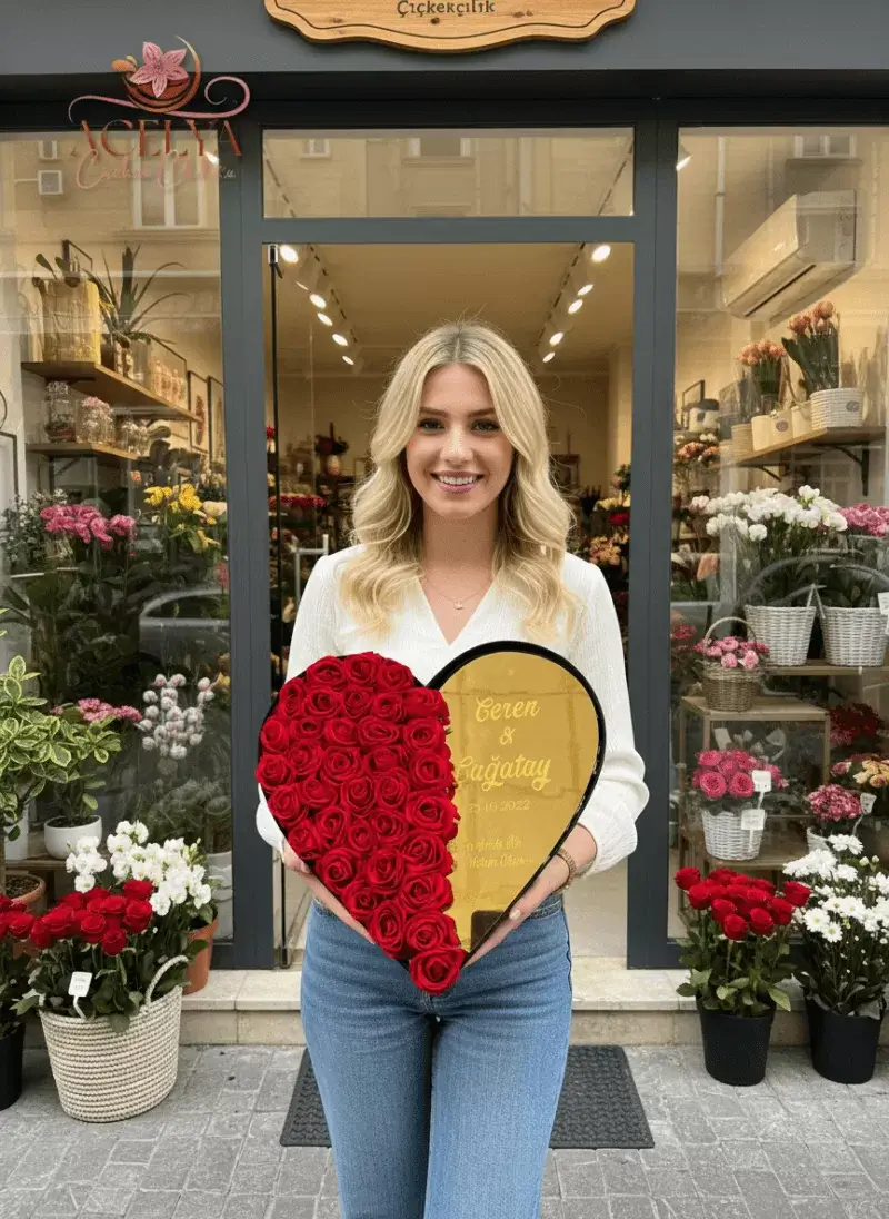 Altın Aşk – Kırmızı Güller & Pleksi Kalp